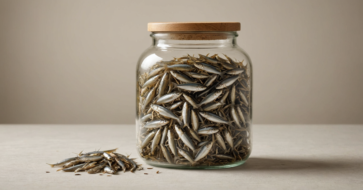 A photo of freeze-dried minnows in a storage jar