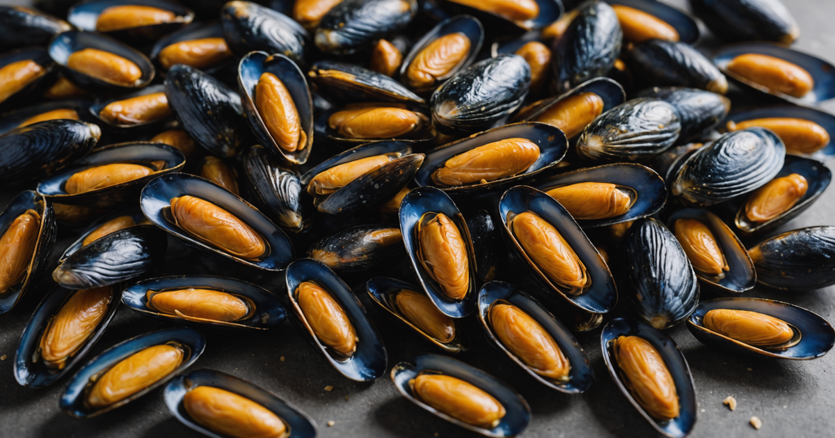 A close-up of freeze-dried mussels, showcasing their texture and natural colour
