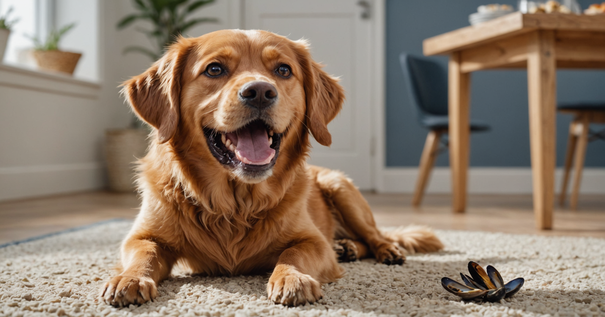 A happy dog enjoying a freeze-dried mussel treat