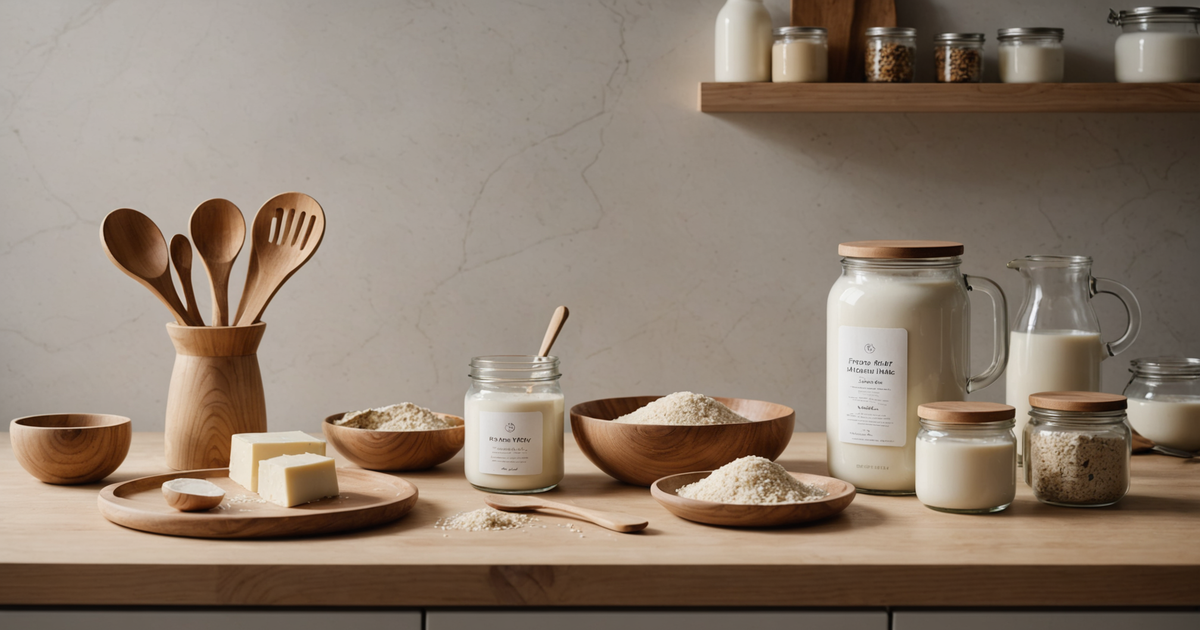A clean kitchen setup with freeze-dried raw milk packaging
