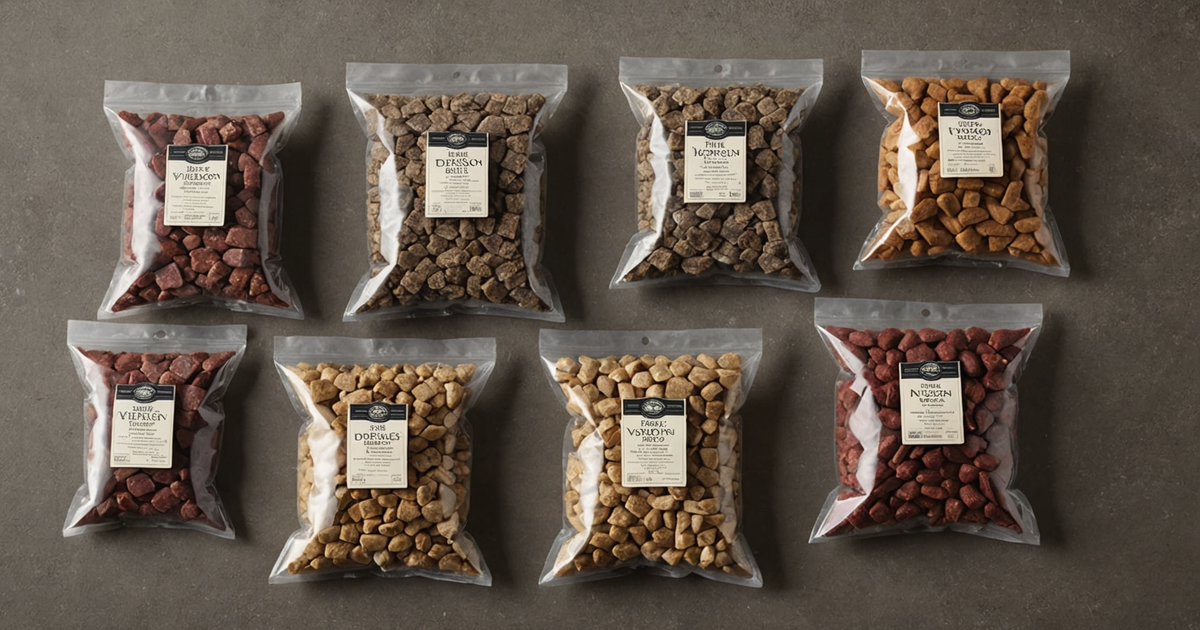 A selection of freeze-dried venison packages with nutritional labels