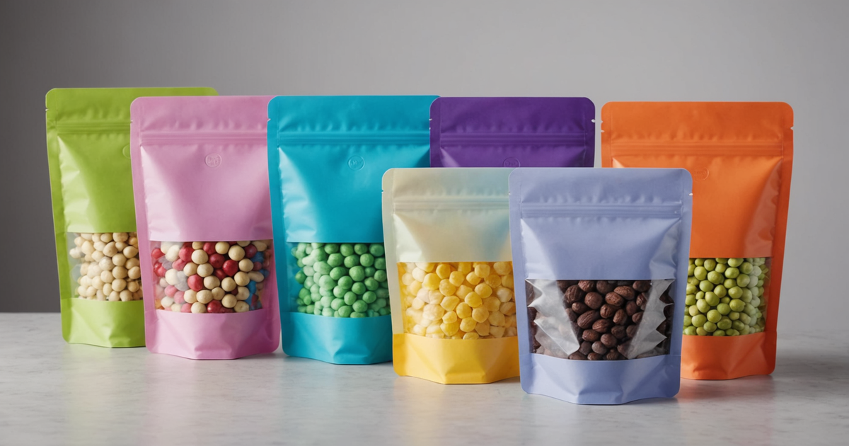 A close-up of resealable stand-up pouches with a clear window.