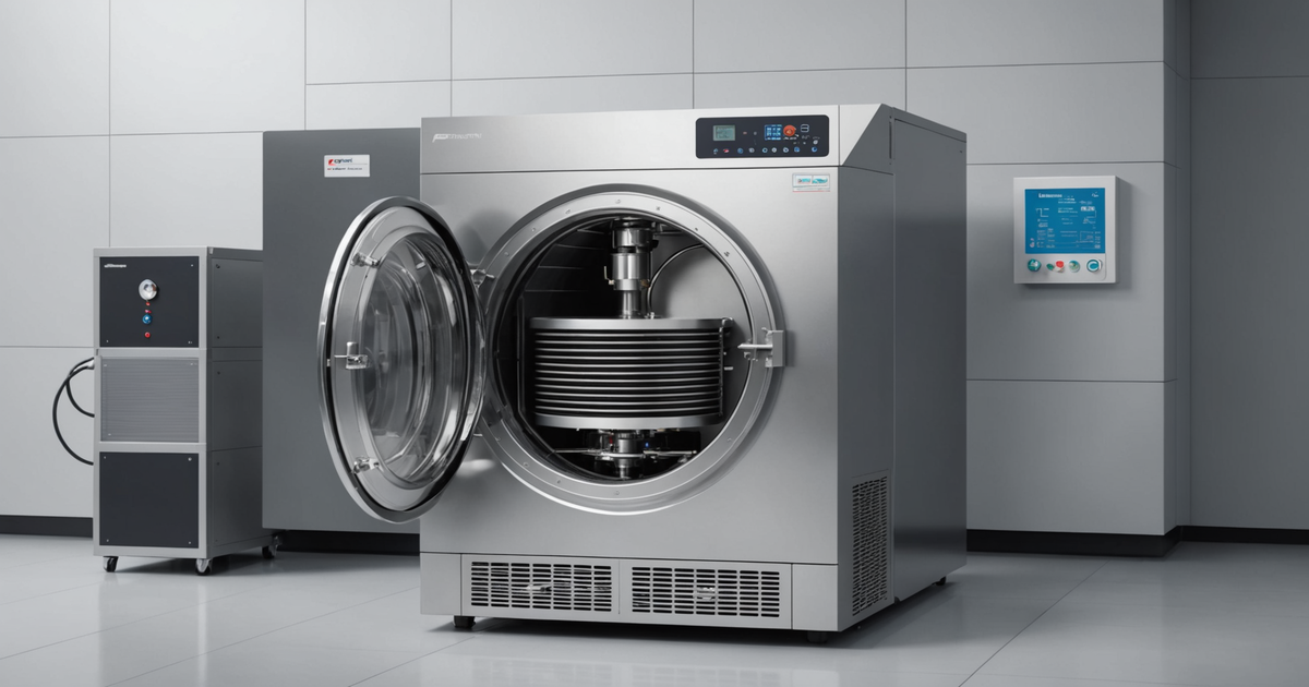 A freeze-dryer machine in operation, illustrating the technology used in the process.