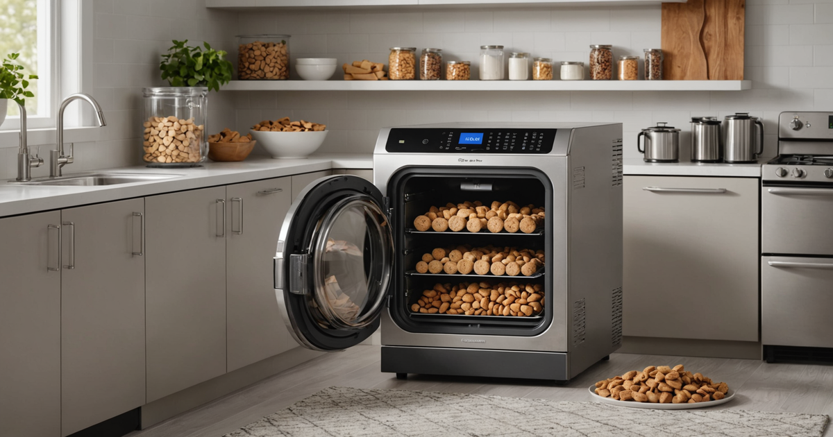 A freeze-dryer with trays of dog treats inside