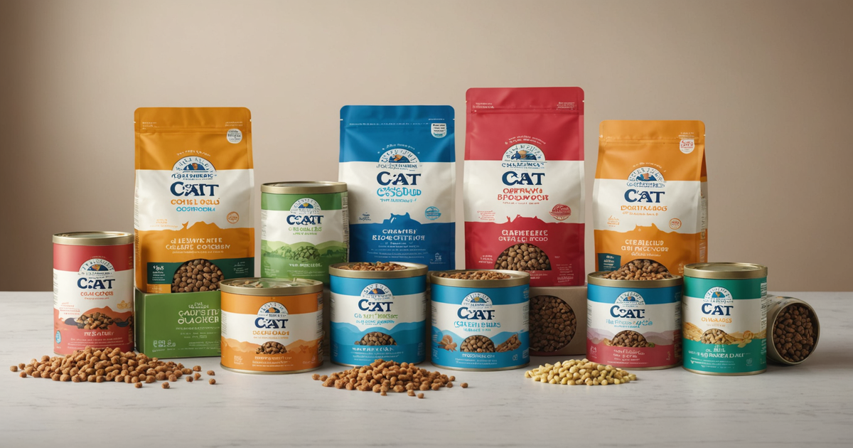 A variety of freeze-dried cat food products, showcasing different flavours and packaging.