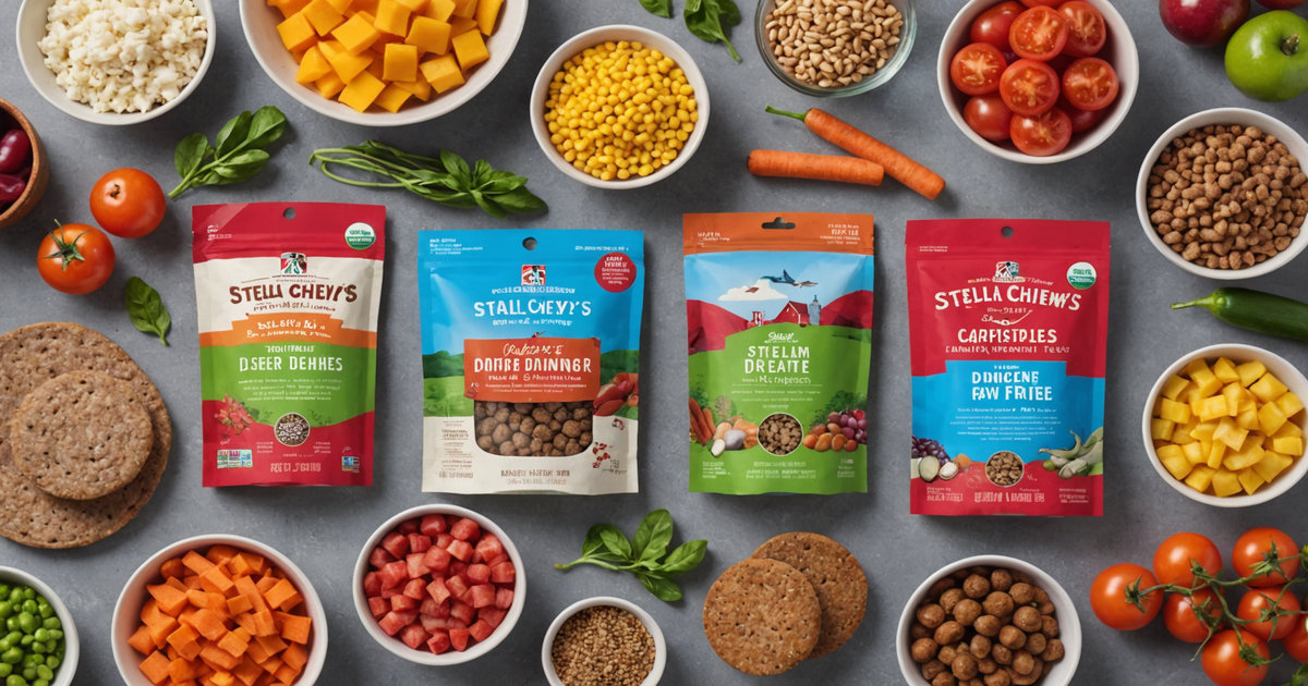 A variety of Stella & Chewy's Freeze Dried Raw Dinner Patties with fresh ingredients around them.