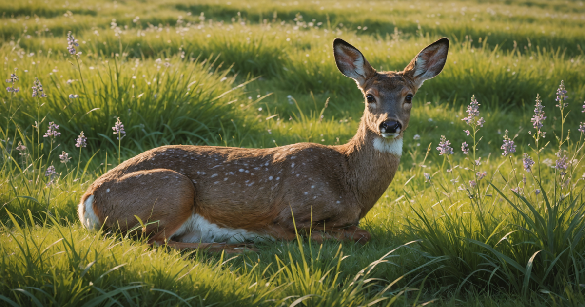 An illustration of an animal in a freeze response amidst grassland, blending into the environment.