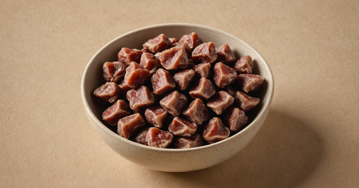 A close-up of freeze-dried chicken hearts in a bowl