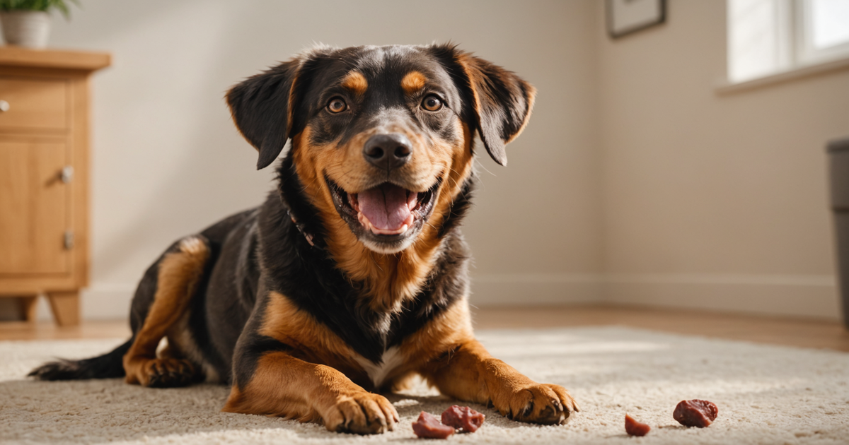 A dog joyfully receiving a freeze-dried chicken heart treat