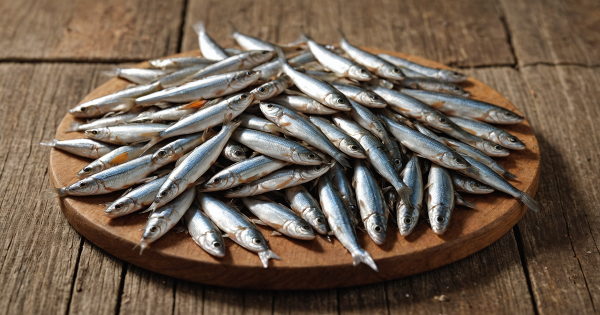 A close-up image of freeze-dried minnows scattered on a wooden table