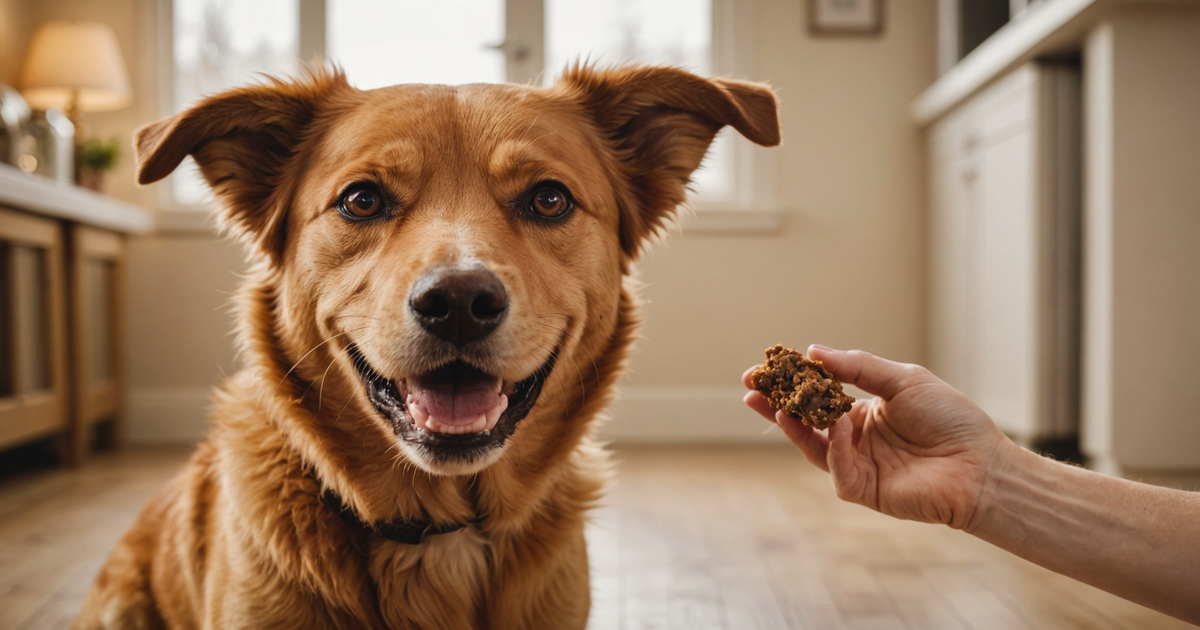 A happy dog receiving a freeze-dried liver treat from its owner