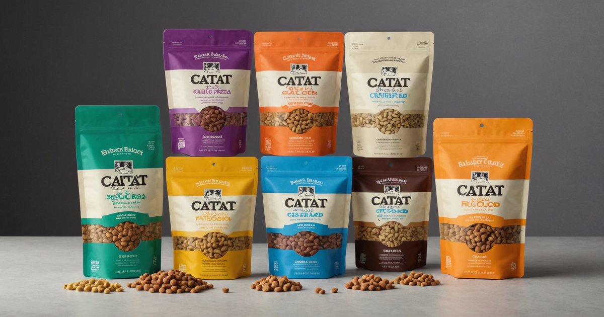 A selection of freeze-dried cat food packages