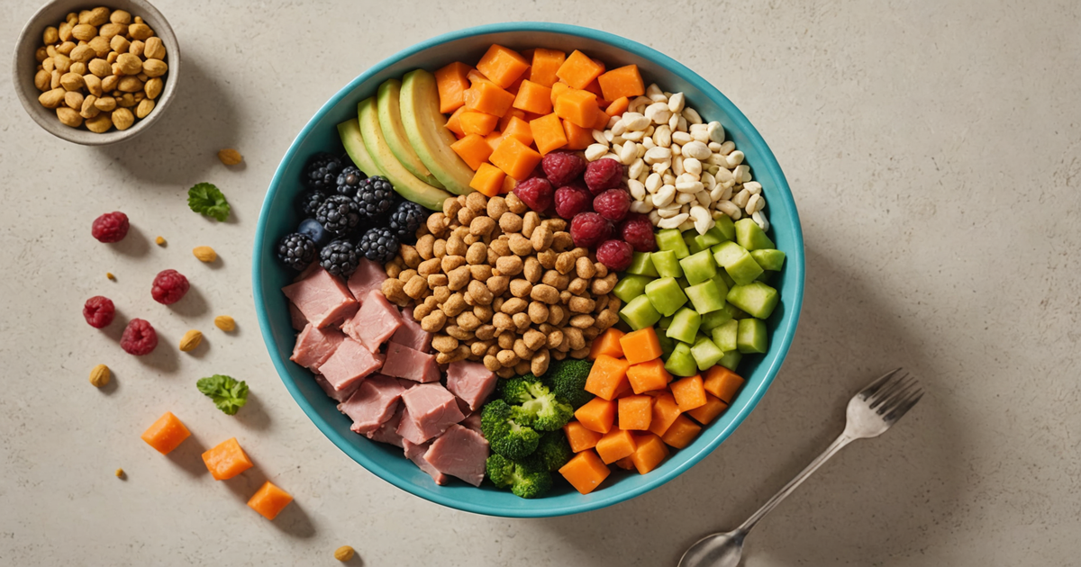 A vibrant bowl of Stella & Chewy's freeze-dried food with fresh ingredients around it