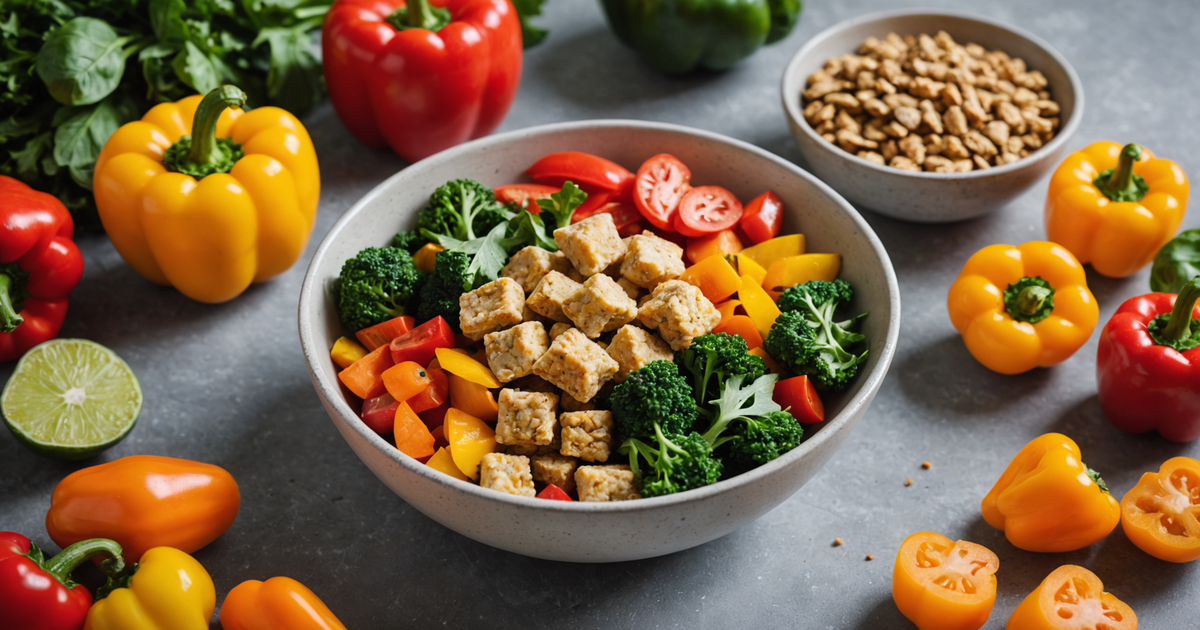 A close-up of Primal freeze-dried nuggets in a bowl, surrounded by fresh produce and herbs