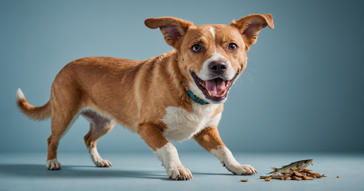 A happy dog enjoying a freeze-dried minnow treat