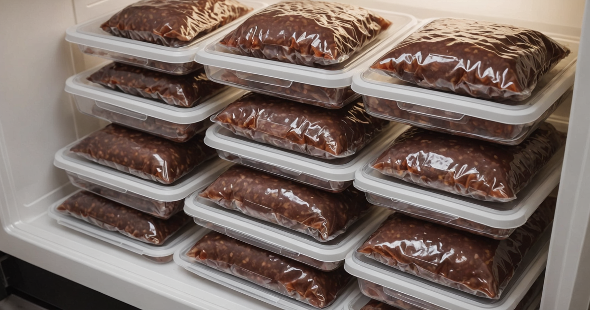 A neatly organised freezer with labelled bags of chicken liver
