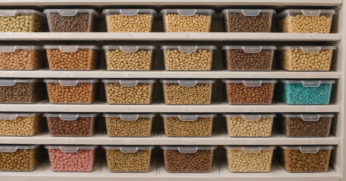 A neatly organised freezer with labelled containers of dog food