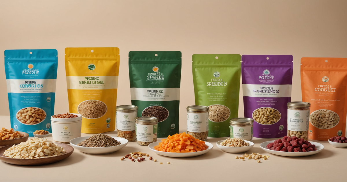 A variety of freeze-dried food packages displayed on a table with price tags
