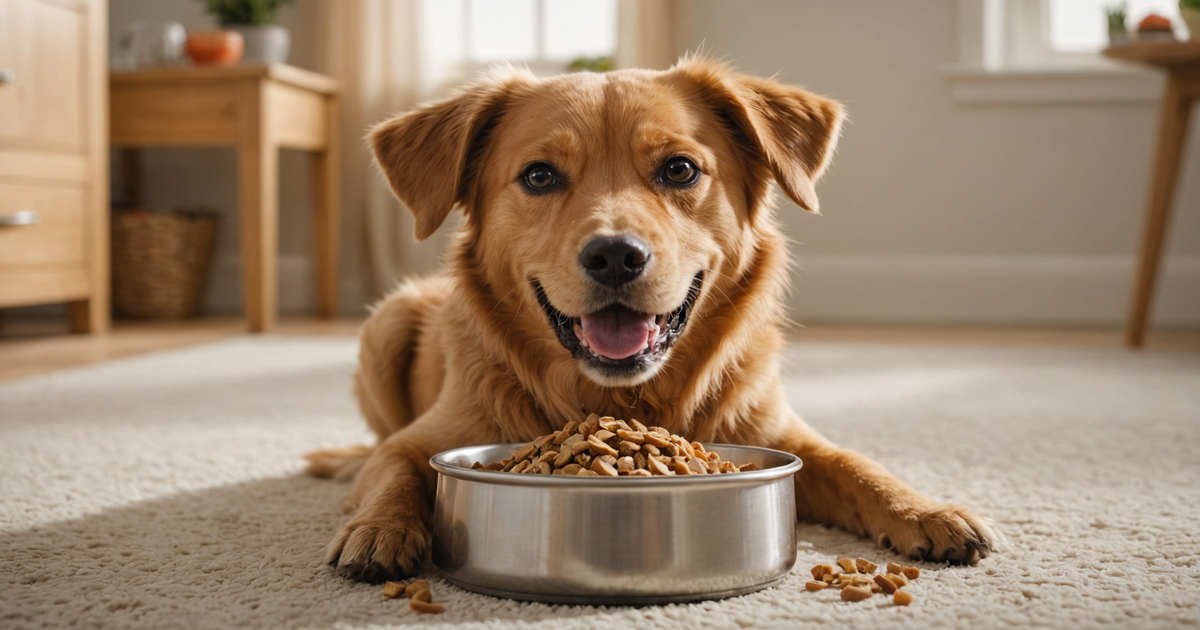 A happy dog eating freeze-dried food from a bowl