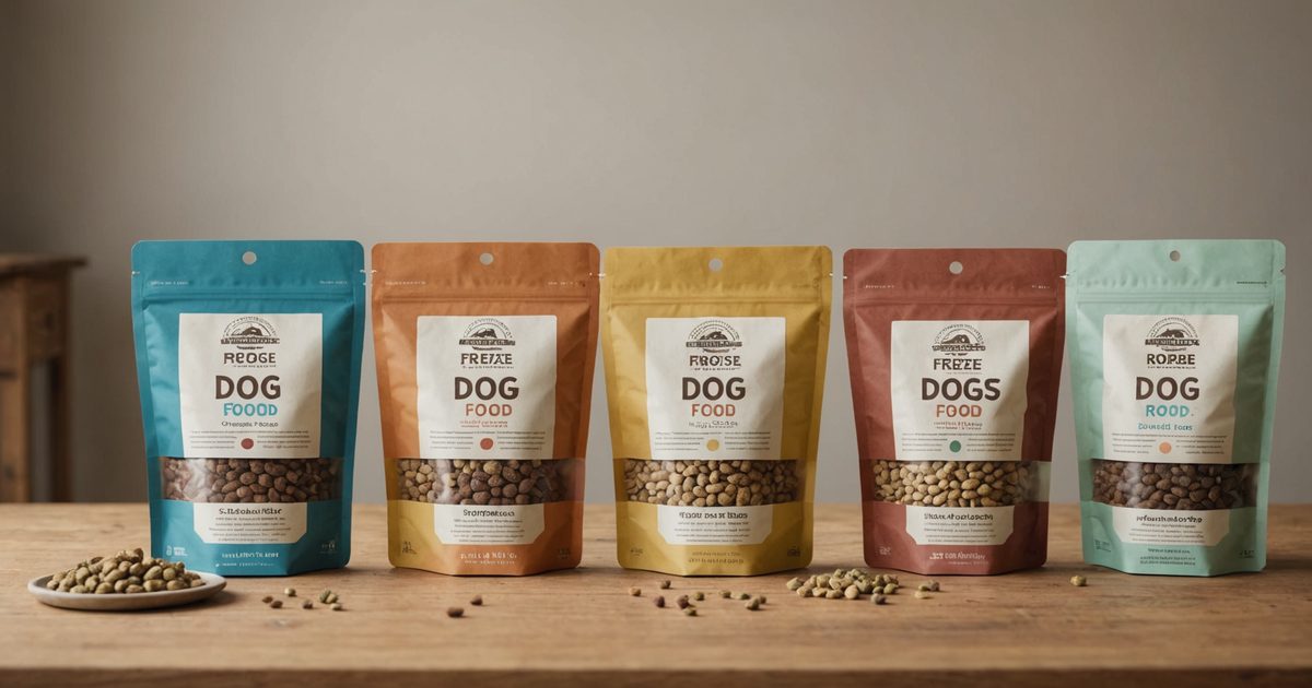 A selection of freeze-dried raw dog foods with price tags