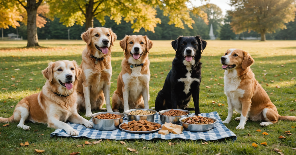 Dogs enjoying their freeze-dried meals outdoors