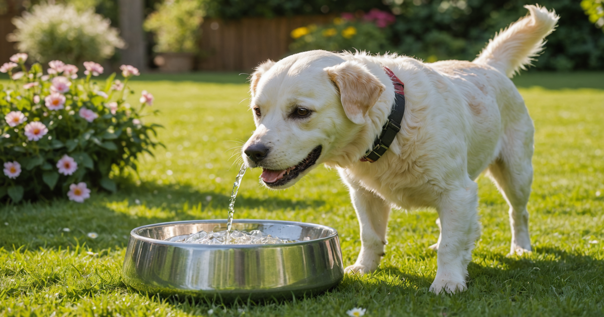 A freeze bowl with water and a happy dog drinking from it in a sunny garden setting