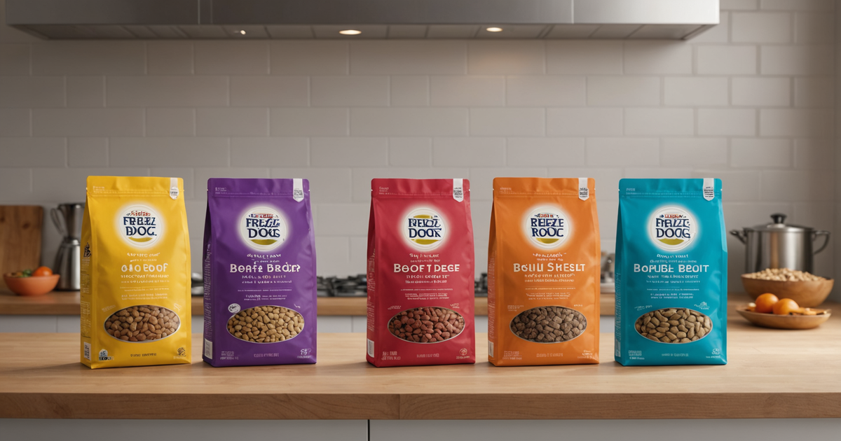 A comparison chart of different freeze-dried beef dog food brands, highlighting protein content, ingredients, and price.