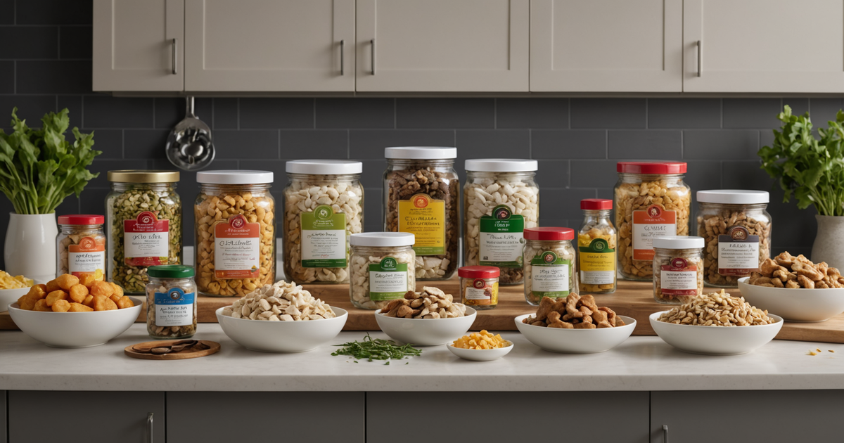 A vibrant display of various freeze-dried chicken products arranged neatly on a kitchen counter, illustrating the variety available for purchase online.