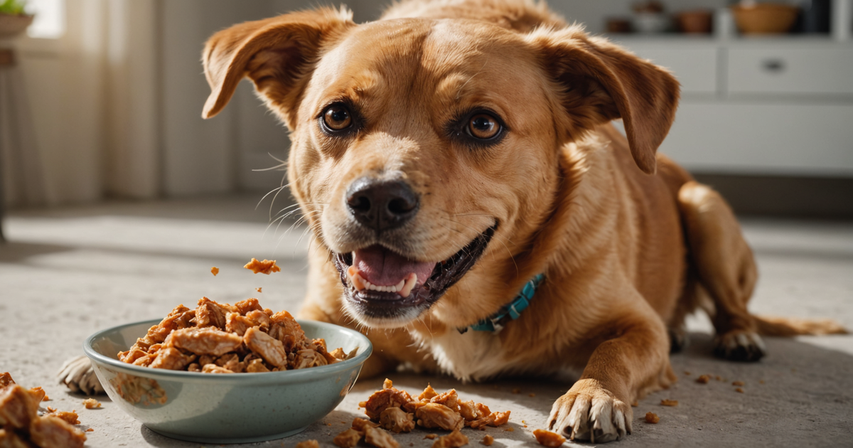 A close-up image of a happy dog eagerly eating a bowl filled with rehydrated freeze-dried chicken, highlighting the enjoyment and satisfaction pets get from this nutritious meal.