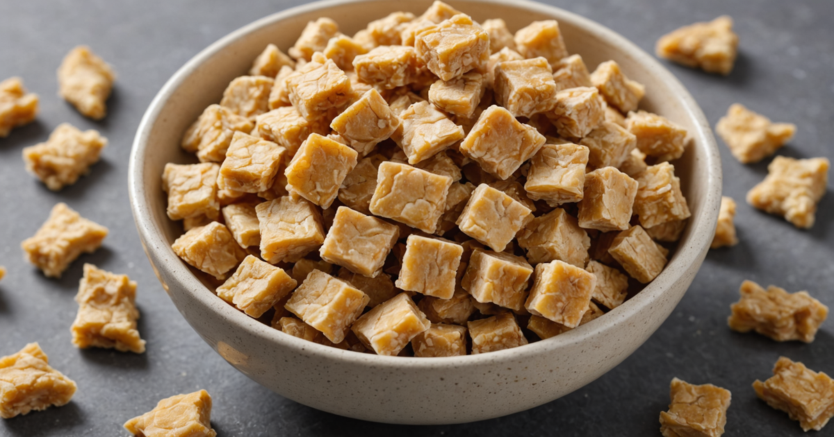 A close-up of freeze-dried chicken treats in a bowl, showcasing their texture and appeal to cats.