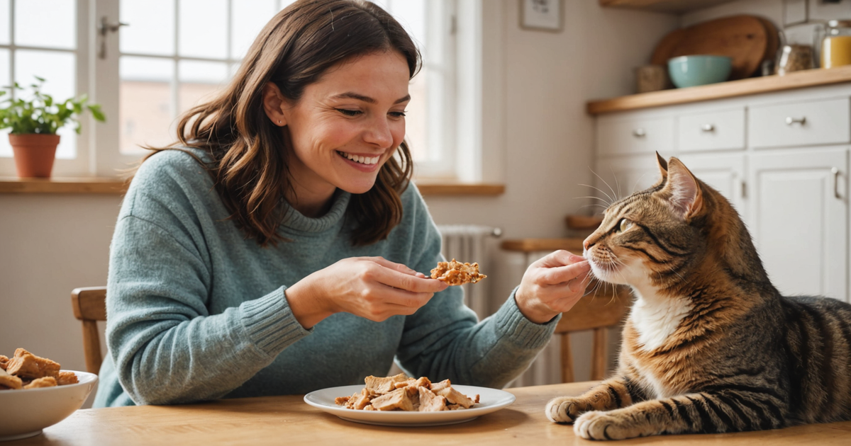 A cat playfully interacting with its owner, who is offering a freeze-dried chicken treat as a reward.