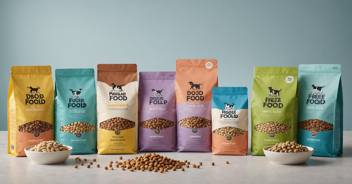 A display of various freeze-dried dog food packages from different brands