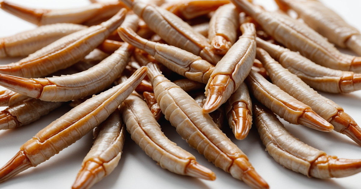 A close-up of freeze-dried duck feet on a white background