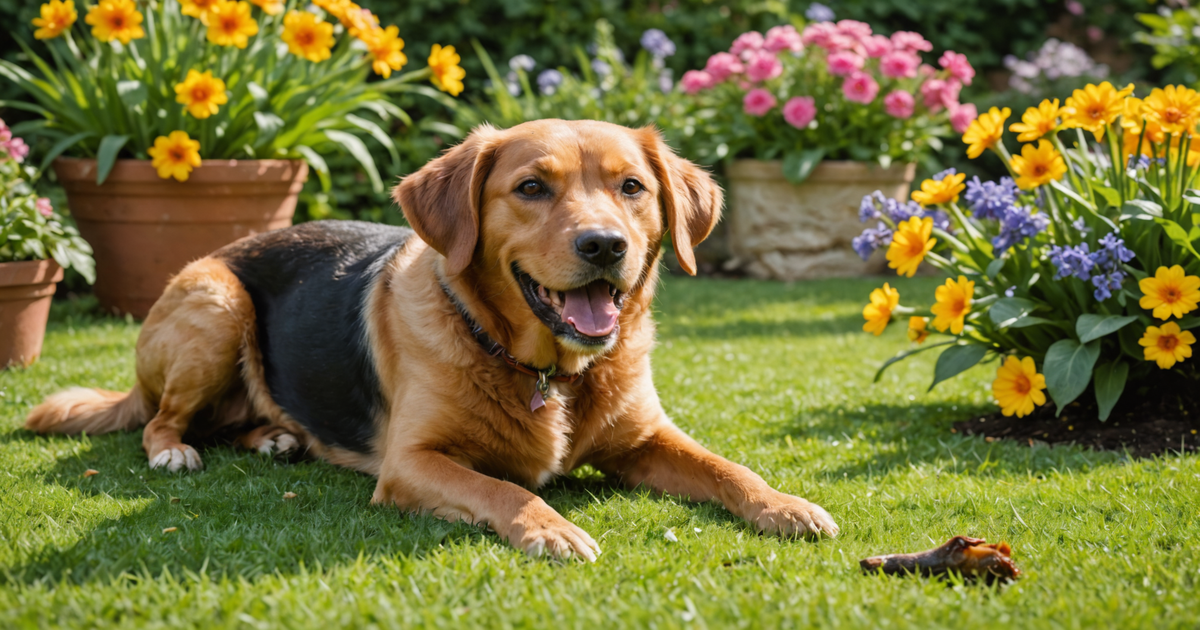 A dog happily chewing on a freeze-dried duck foot in a garden setting