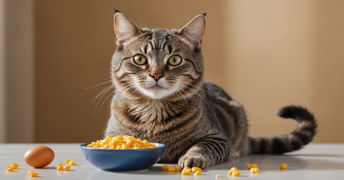 A happy cat enjoying freeze-dried egg treats.