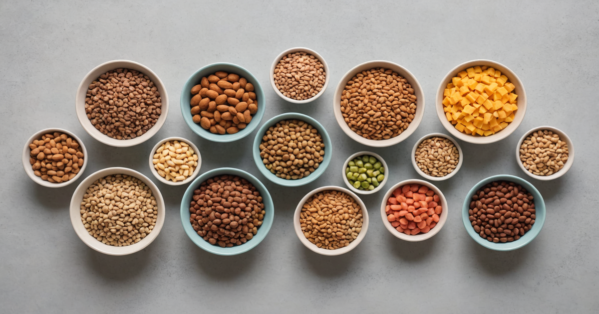 A variety of freeze-dried dog food options arranged in bowls, showcasing different textures and ingredients.