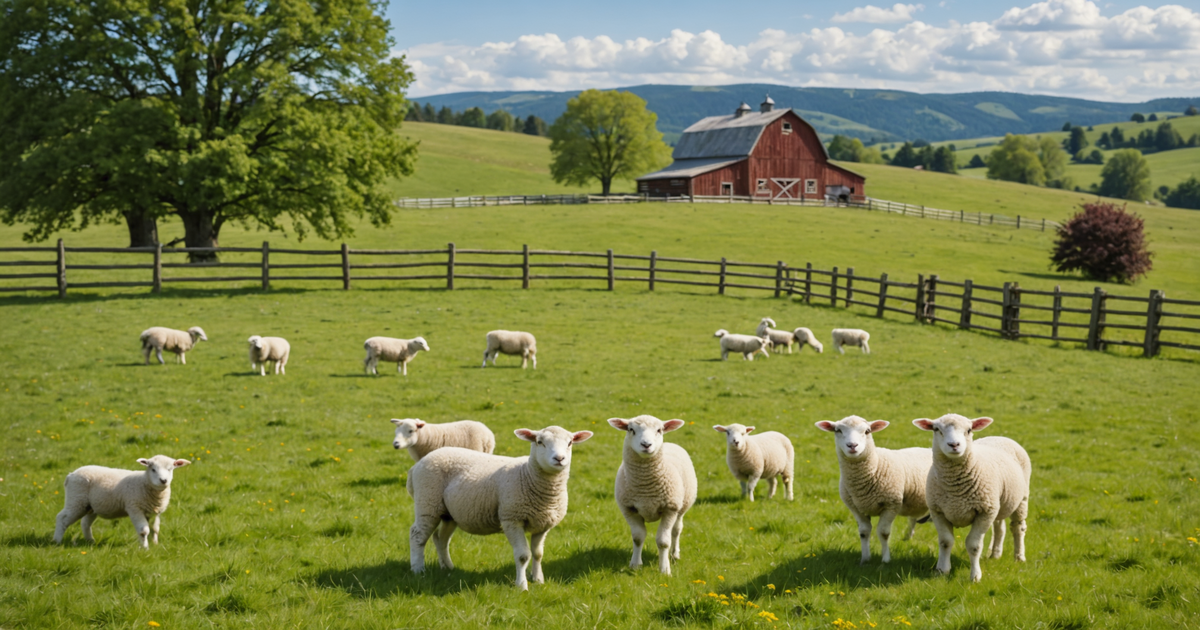 A farm setting with grazing lambs