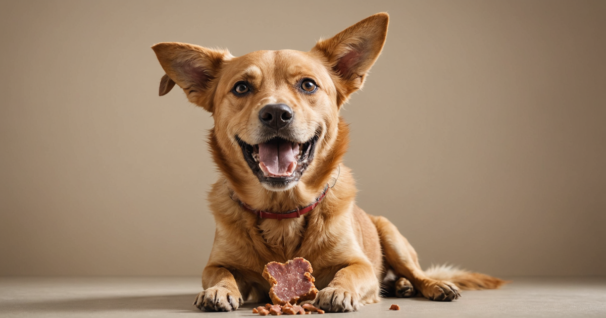 A happy dog enjoying a freeze-dried pork treat