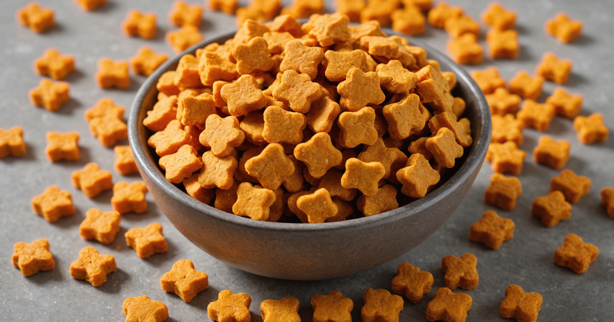 A close-up of freeze-dried pumpkin dog treats in a bowl, showcasing their texture and colour.