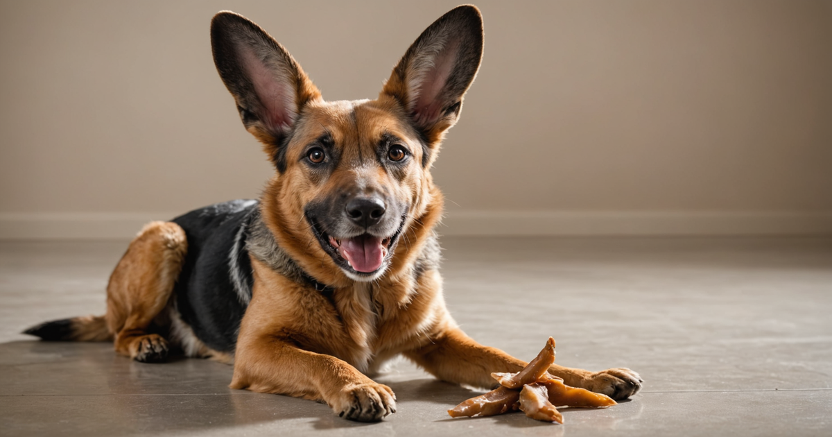A dog happily chewing on a freeze-dried rabbit ear
