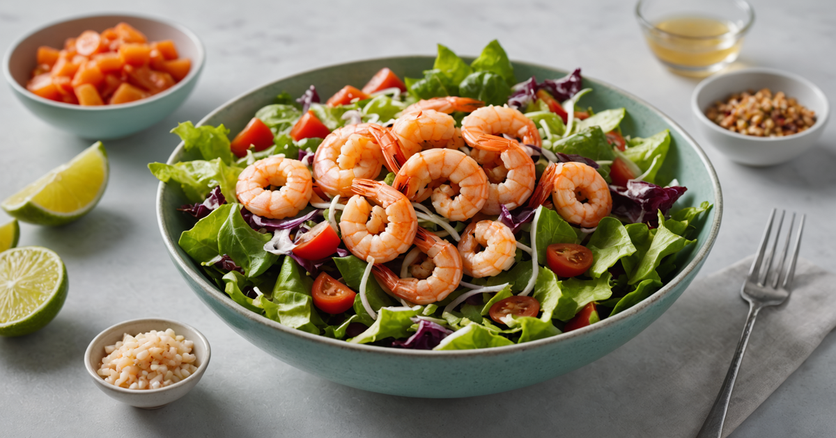 Freeze-dried shrimp in a bowl next to a fresh salad