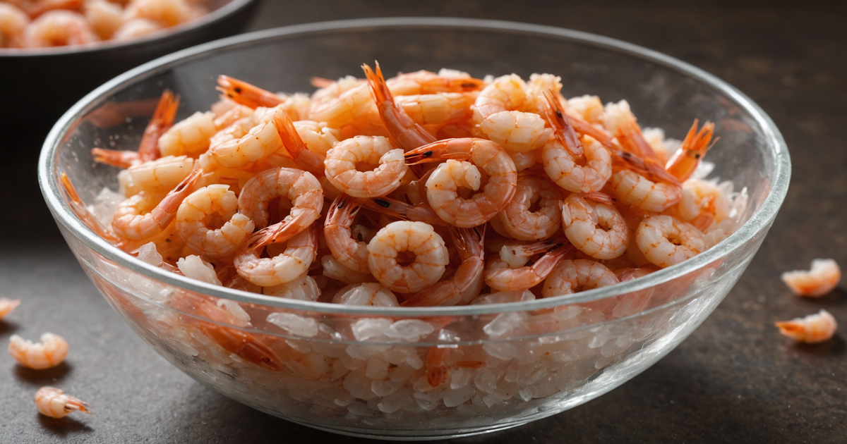 A close-up of freeze-dried shrimp being rehydrated in a bowl of water