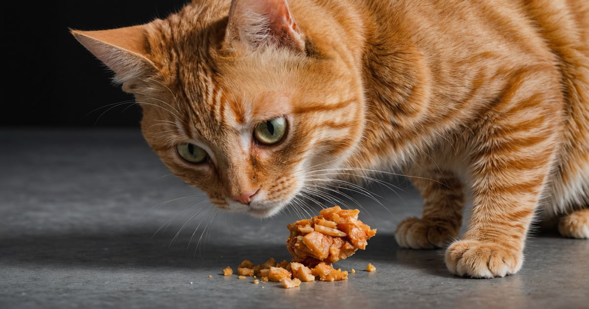 A close-up of a cat eagerly sniffing a piece of freeze-dried chicken.