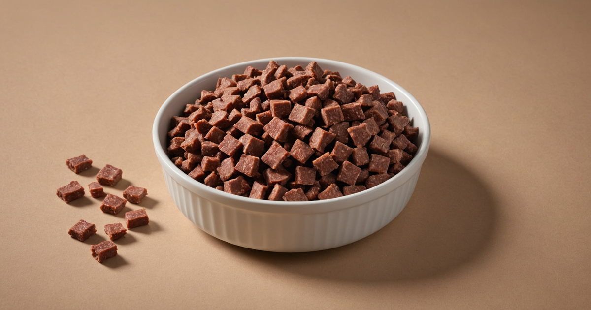 A bowl of freeze-dried venison dog food with visible chunks of meat