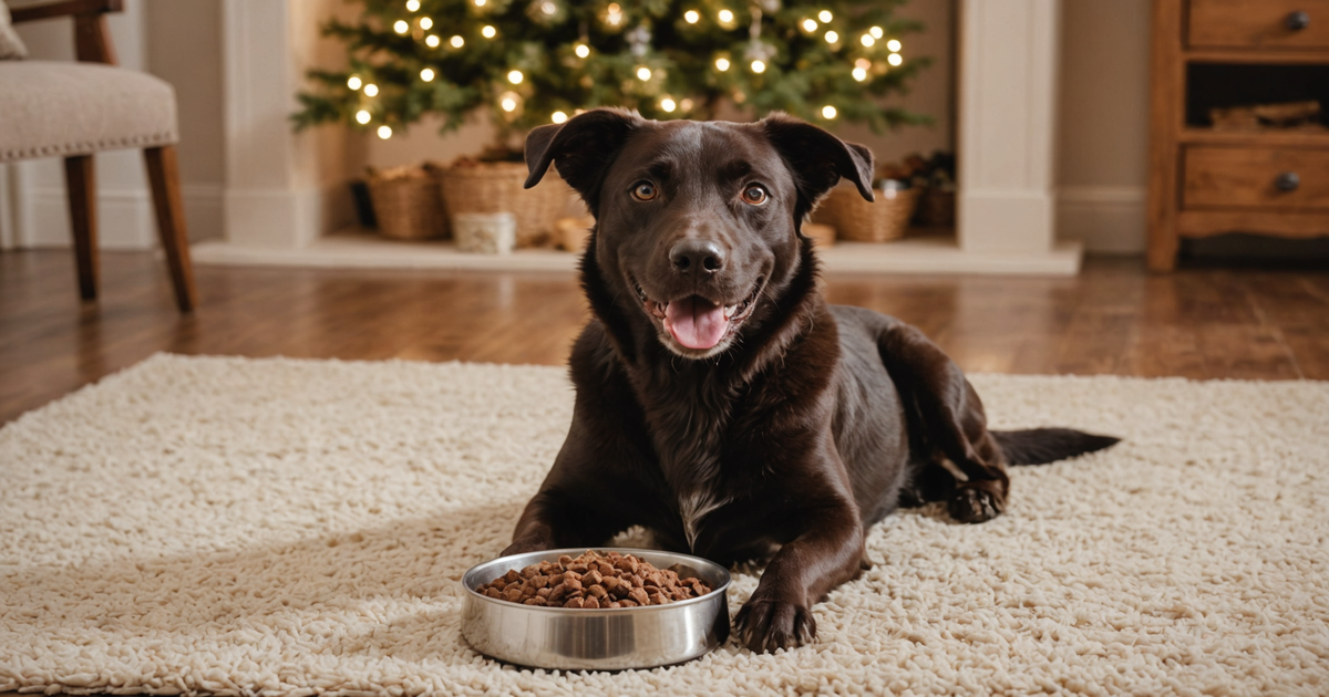 A happy dog enjoying a meal of freeze-dried venison dog food
