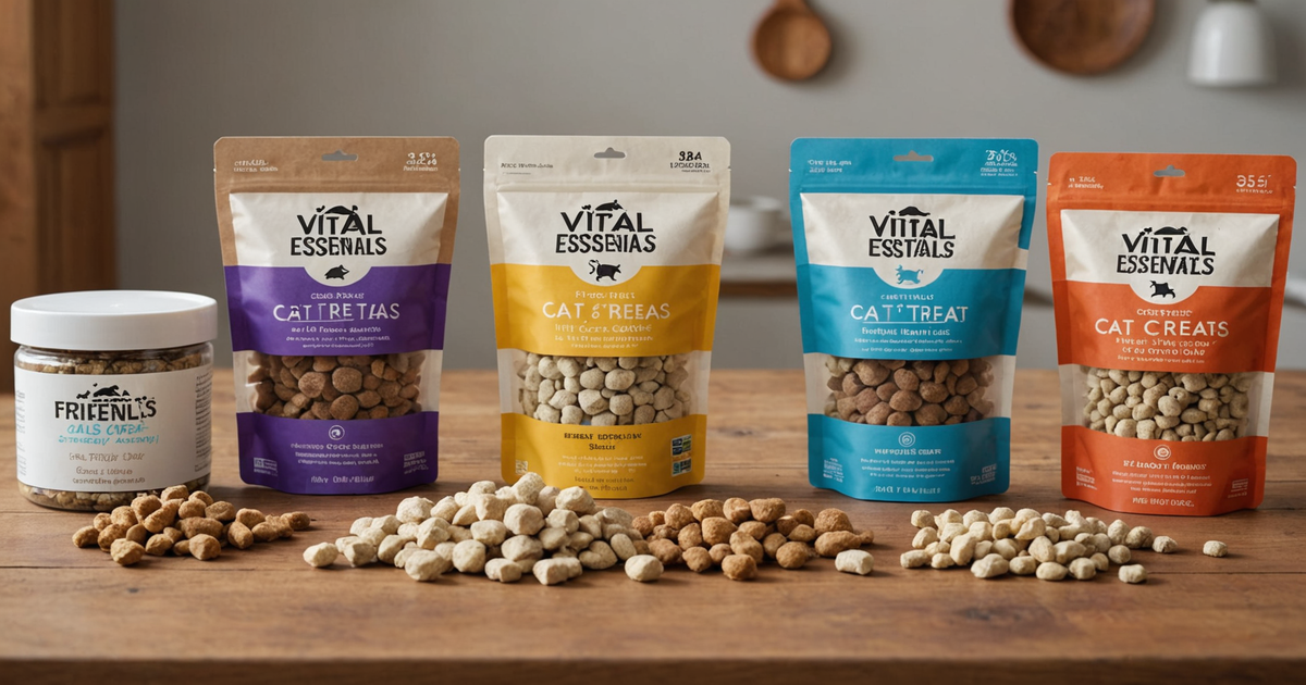A selection of Vital Essentials freeze-dried cat treats in different flavours.