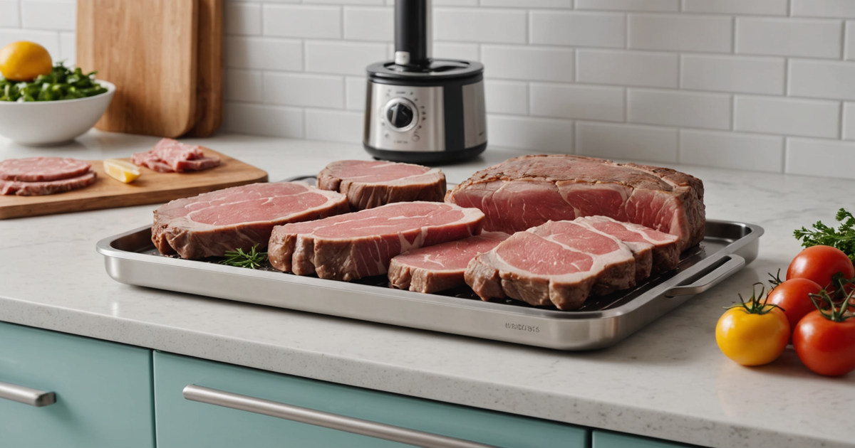 A step-by-step guide of the freeze-drying process with neatly arranged meat slices on a tray