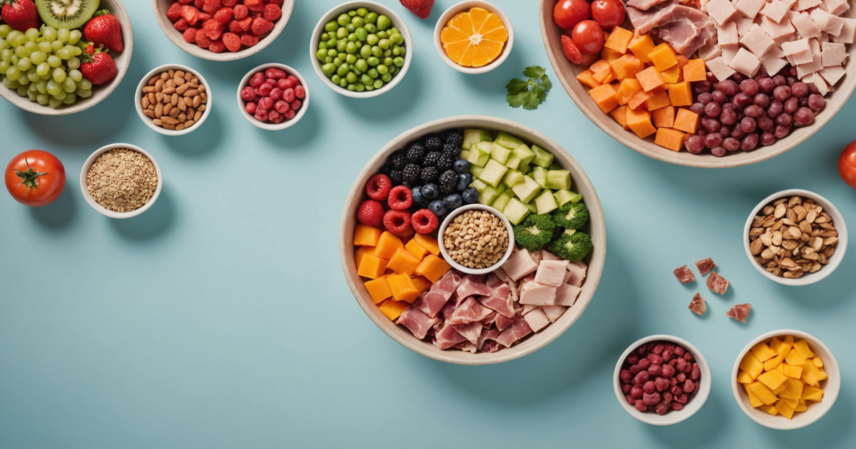 A colourful assortment of freeze-dried meats, fruits, and vegetables in a dog bowl