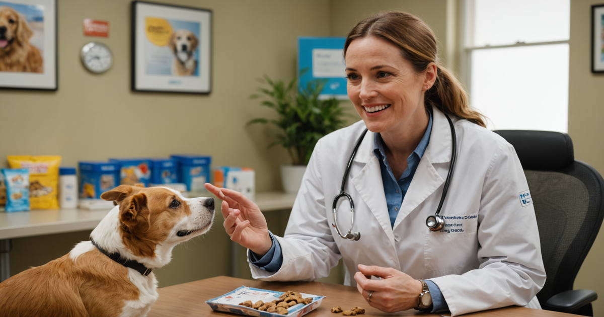 A pet owner consulting with a veterinarian, holding a packet of freeze-dried treats and discussing its benefits.