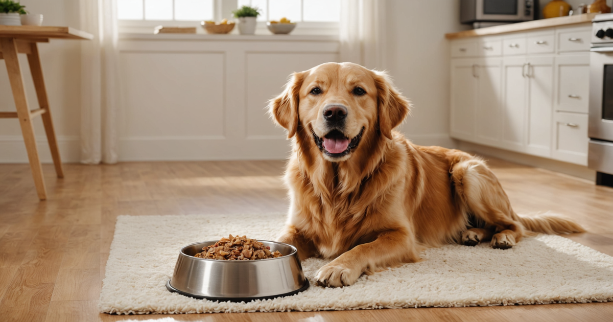 A dog enjoying a bowl of rehydrated freeze-dried turkey